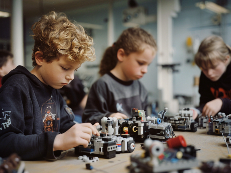 Legorobotter og børn. Billedet er AI-genereret.