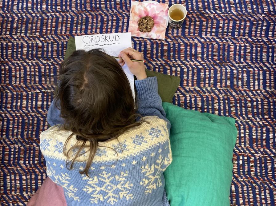 Pige der ligger på et tæppe og skriver mens hun spiser kage og drikker te